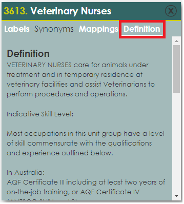 The definition tab for the Veterinary Nurses occupation group. The definition tab is highlighted with a red rectangle.