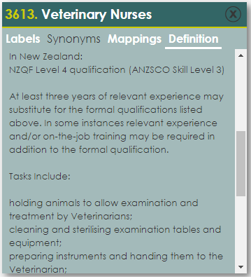 The definition tab for the Veterinary Nurses occupation group. The tasks included in the occupation group are shown in this image.