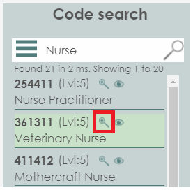 The search results of the code search tool on the Statistics New Zealand ANZSCO tool. Search results can be opened by selecting the magnifying glass button, which is highlighted in this image with a red square.