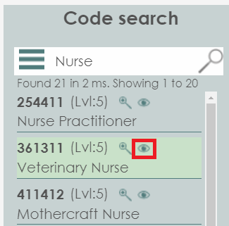 The search results of the code search tool on the Statistics New Zealand ANZSCO tool. Occupation groups can be opened by selecting the 'eye' button, which is highlighted in this image with a red square.